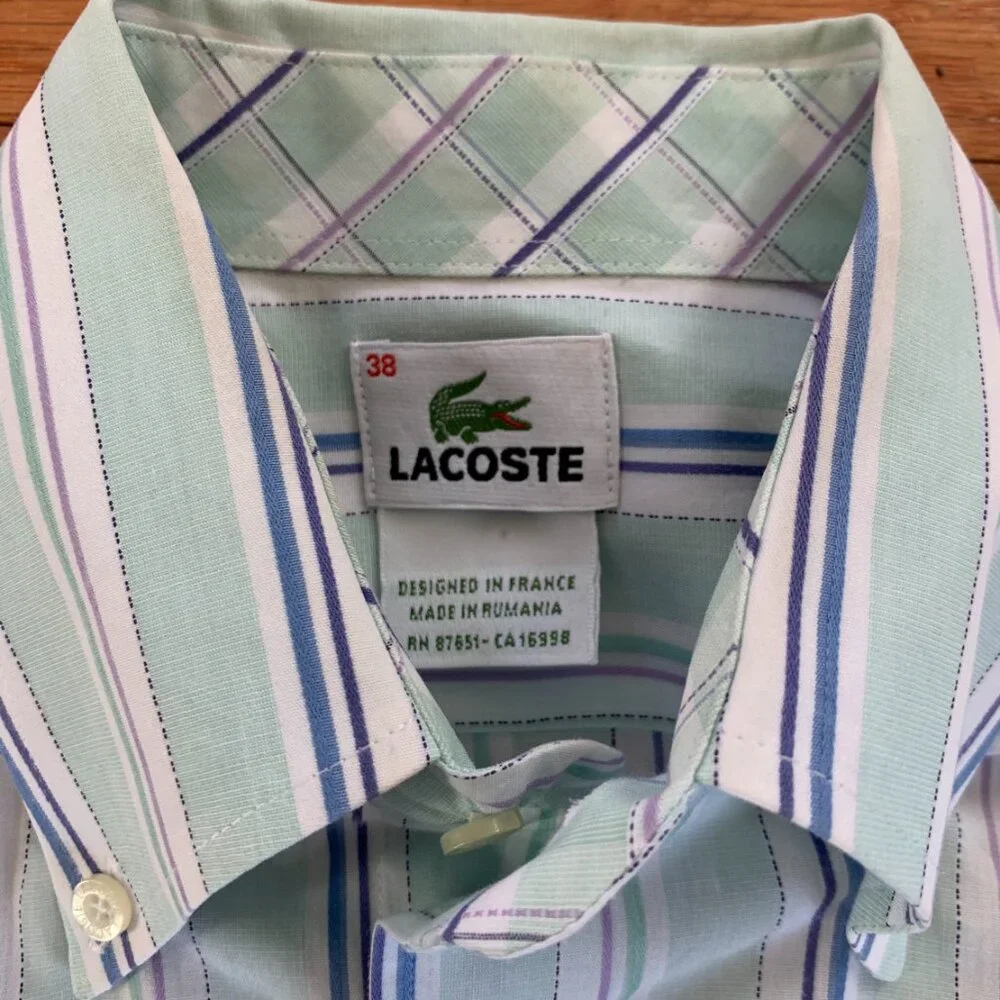 Lacoste Striped Long Sleeve Button Down Dress‎ Shirt Mens 38 Polo Cotton Pastel